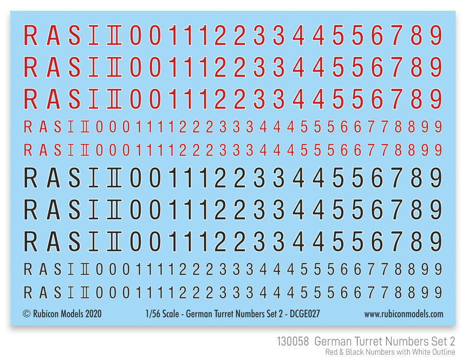 130058 - German Turret Numbers Set #2 (Red & Black Lettering with White Outline)